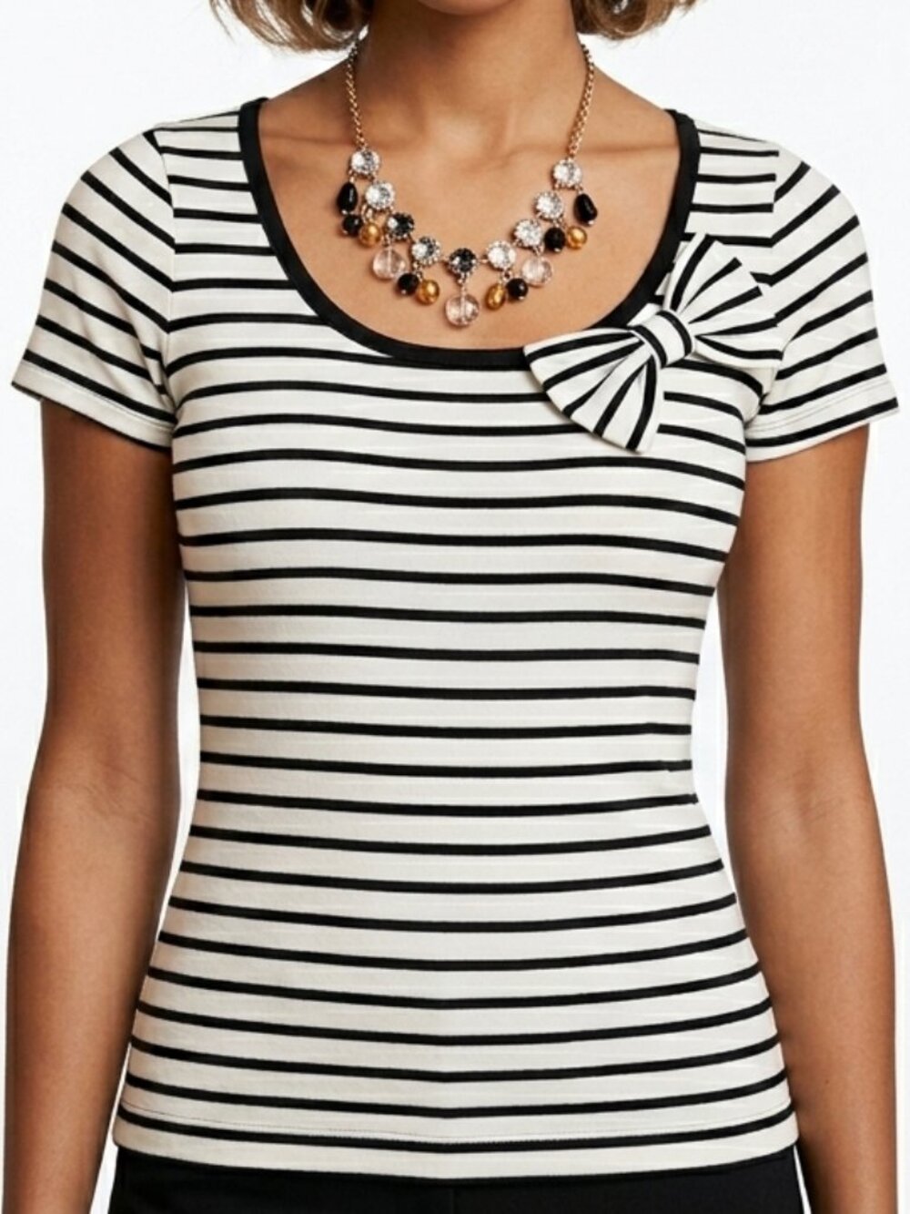 French striped Bow Shirt- Black & White Lace Back